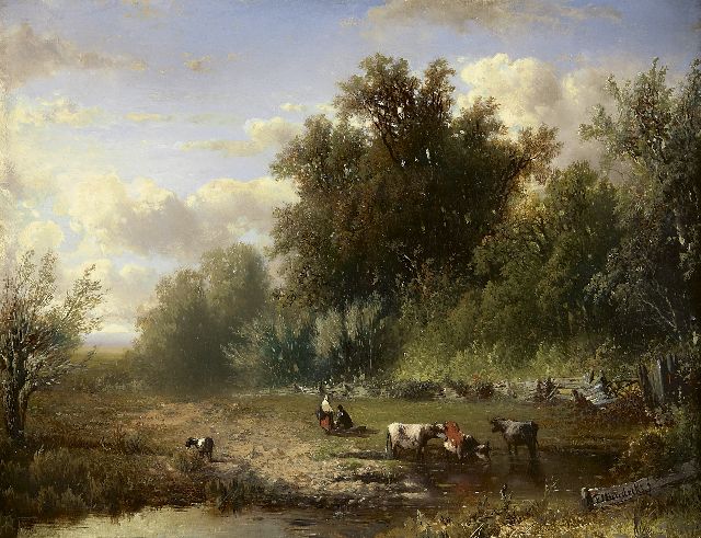 Frederik Hendrik Hendriks | Vee en rustende figuren bij een voorde, Wolfheze, olieverf op doek op paneel, 37,9 x 49,4 cm, gesigneerd r.o.