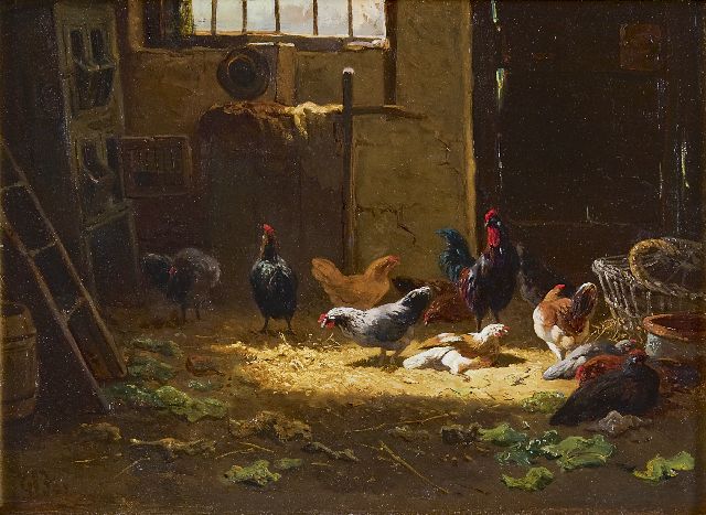Gerardus Johannes Bos | Pluimvee in een stal, olieverf op paneel, 23,9 x 33,0 cm, gesigneerd l.o.