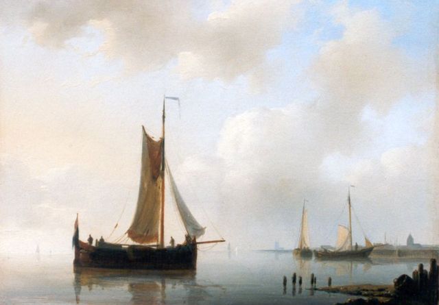 Abraham Hulk | Visserschepen op kalm water, olieverf op paneel, 15,0 x 20,8 cm
