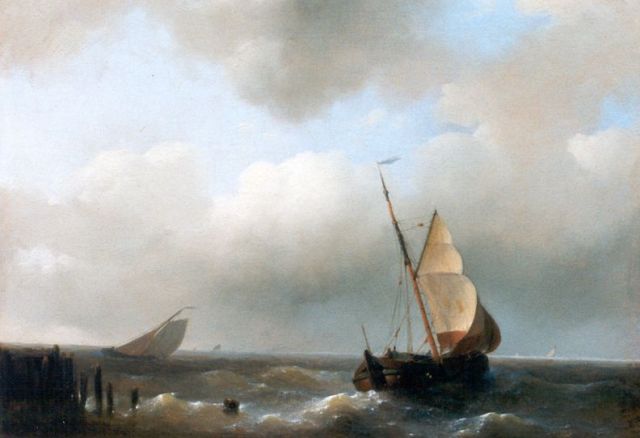 Abraham Hulk | Vissersboten voor de kust, olieverf op paneel, 15,3 x 20,9 cm