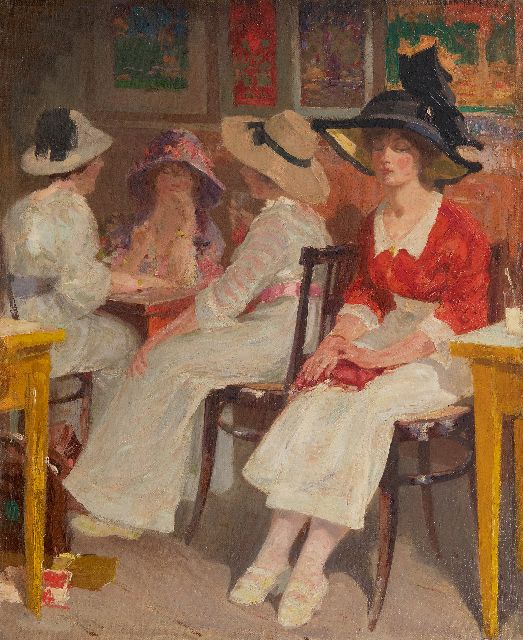 Willem Vaarzon Morel | Jonge vrouwen in een theehuis, olieverf op doek, 49,3 x 40,5 cm, gesigneerd r.b.