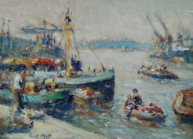 Evert Moll | Scheepvaartverkeer bij Rotterdam, olieverf op board op paneel, 24,8 x 33,5 cm, gesigneerd l.o.