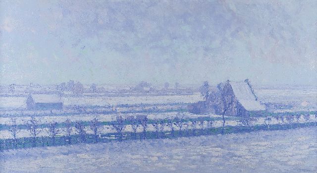 Dirk Smorenberg | Boerderij bij Loosdrecht in de sneeuw, olieverf op doek, 62,5 x 117,0 cm, gesigneerd r.o. en gedateerd '12