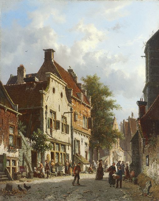 Adrianus Eversen | Zonnig straatje met groenteverkoopsters, olieverf op paneel, 38,6 x 30,8 cm, gesigneerd l.o. met monogram