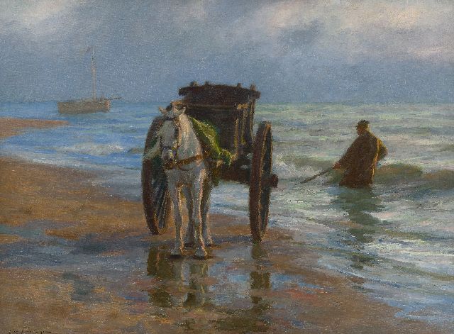 Edgard Farasijn | Schelpenvisser aan de Noordzeekust, olieverf op doek, 88,2 x 120,7 cm, gesigneerd l.o.