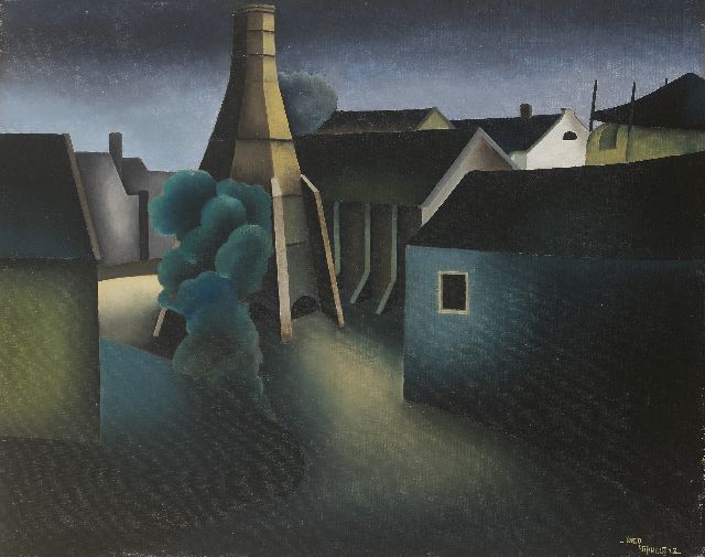 Theo Stiphout | Kalkoven tussen huizen, olieverf op doek, 40,0 x 50,3 cm, gesigneerd r.o. en verso en gedateerd '33