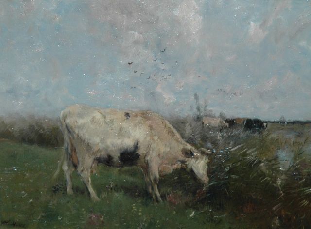 Willem Maris | Koe aan de waterkant, olieverf op paneel, 21,6 x 28,2 cm, gesigneerd l.o.