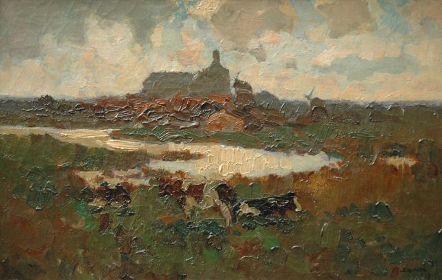 Joh Elsinga | Koeien in de Workumerwaard bij regenachtig weer, olieverf op doek, 22,5 x 34,5 cm, gesigneerd r.o. en gedateerd '18