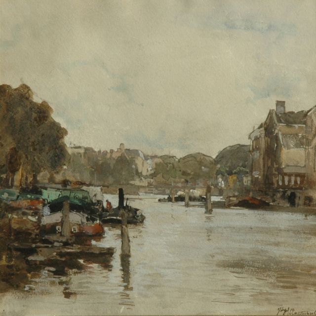 Johan Hendrik van Mastenbroek | Afgemeerde schepen in een binnenhaven, aquarel op papier, 25,5 x 25,5 cm, gesigneerd r.o. en gedateerd 17 sept. '99