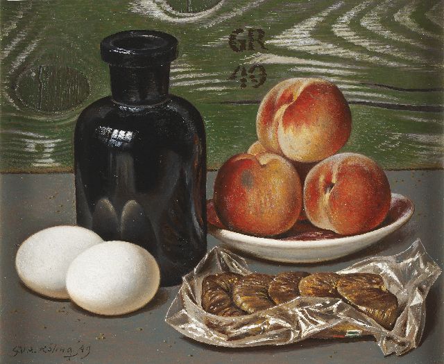 Gé Röling | Stilleven met perziken, eieren en vijgen, olieverf op board, 25,0 x 30,1 cm, gesigneerd l.o. en verso voluit en m.b. met initialen en gedateerd '49 l.o., m.b. en verso