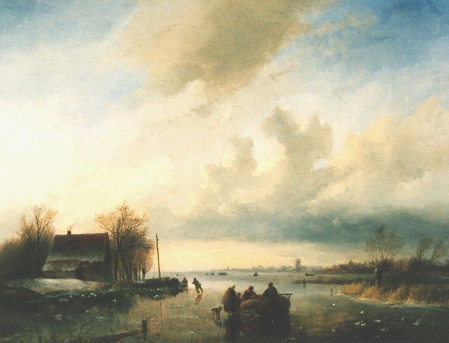 Jan Jacob Spohler | Winterlandschap met schaatsers, olieverf op paneel, 42,0 x 55,3 cm