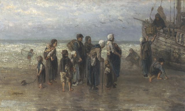 Jozef Israëls | Het uitladen van de vis, olieverf op doek, 43,0 x 70,5 cm, gesigneerd l.o.