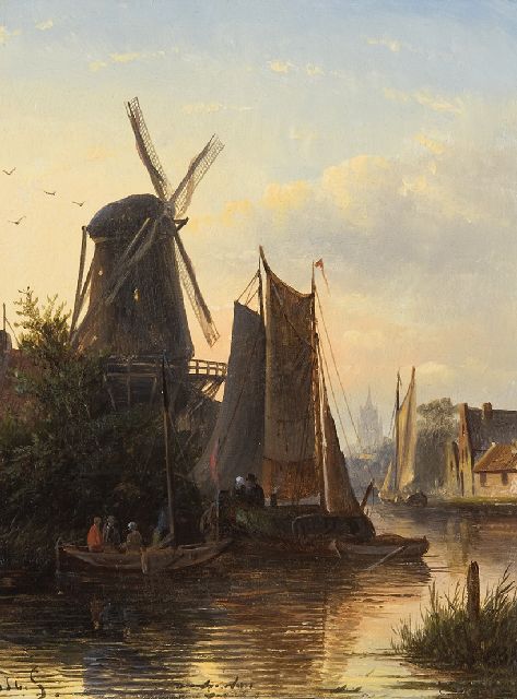 Jacob Jan Coenraad Spohler | Afgemeerde zeilschepen bij een houtzaagmolen, olieverf op paneel, 22,0 x 17,0 cm, gesigneerd l.o. met initialen