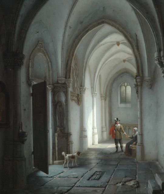 Gillis Haanen | Kerkinterieur met burger die een aalmoes uitdeelt, olieverf op paneel, 48,1 x 40,9 cm, gesigneerd r.o. en gedateerd 1839