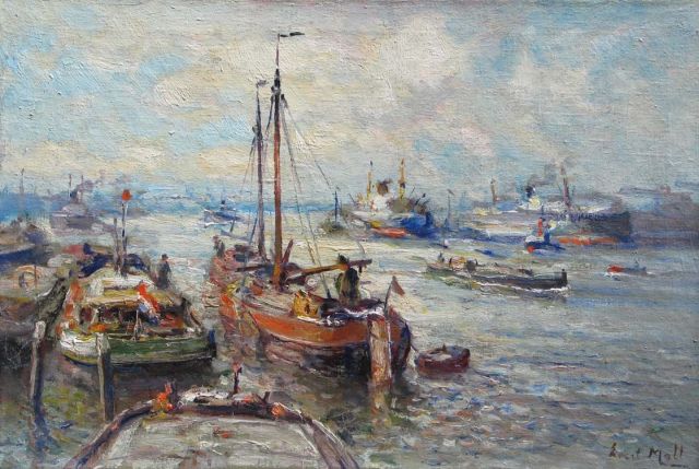 Evert Moll | Scheepvaartverkeer bij Rotterdam, olieverf op doek, 40,4 x 60,0 cm, gesigneerd r.o.