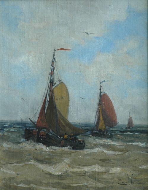 Kees van Waning | Bomschuiten op volle zee, olieverf op doek, 35,3 x 28,1 cm, gesigneerd r.o.