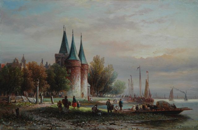 Elias Pieter van Bommel | Figuren bij de Koornmarktspoort bij de IJssel, Kampen, olieverf op paneel, 16,4 x 24,8 cm, gesigneerd r.o. en gedateerd '73