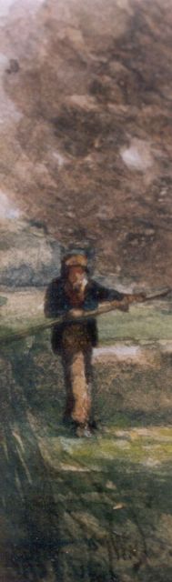 Jan Willem van Borselen | Figuur in een landschap, aquarel op papier, 9,0 x 3,0 cm, gesigneerd r.o. monogram