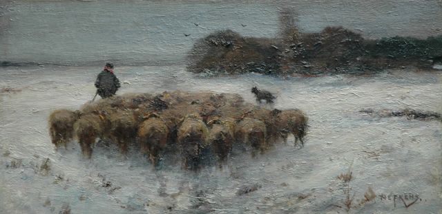 Martinus Nefkens | Schapen in de sneeuw op de Veluwse hei, olieverf op papier op paneel, 24,3 x 48,6 cm, gesigneerd r.o.