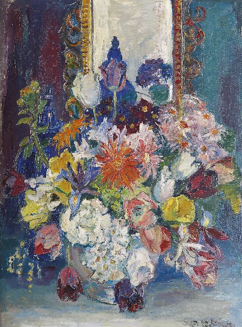 Stien Eelsingh | Boeket, spiegel, bokaal, olieverf op doek, 79,8 x 60,0 cm, gesigneerd r.o. en te dateren 1955-1960