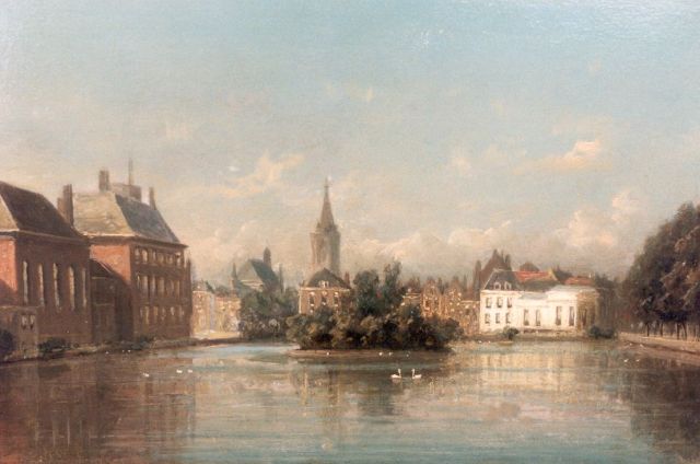 Johannes Josephus Destrée | Stadsgezichtje; hofvijver den haag, olieverf op paneel, 13,0 x 19,0 cm, gesigneerd r.o.
