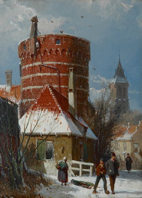 Willem Koekkoek | Hollands straatje met een oude vestingtoren, in de sneeuw, olieverf op paneel, 24,3 x 17,9 cm, te dateren 1862-1865