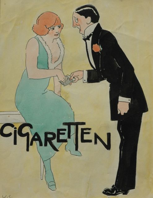 Willy Sluiter | Cigaretten, aquarel en zwarte inkt op papier, 34,9 x 26,4 cm, gesigneerd l.o. met initialen