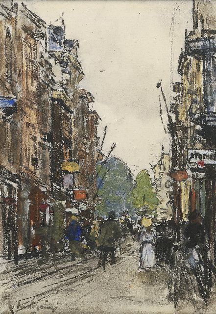 Floris Arntzenius | Figuren in de Spuistraat, Den Haag, zwart krijt en aquarel op papier, 18,7 x 13,2 cm, gesigneerd l.o.