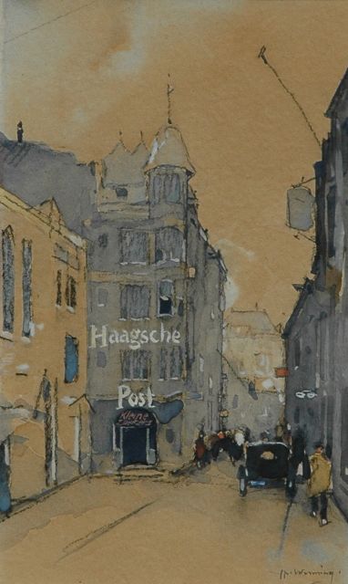 Ype Wenning | Het Noordeinde in Den Haag met het gebouw van de Haagsche Post, zwart krijt en aquarel op papier, 18,8 x 11,1 cm, gesigneerd r.o. en te dateren ca. 1929