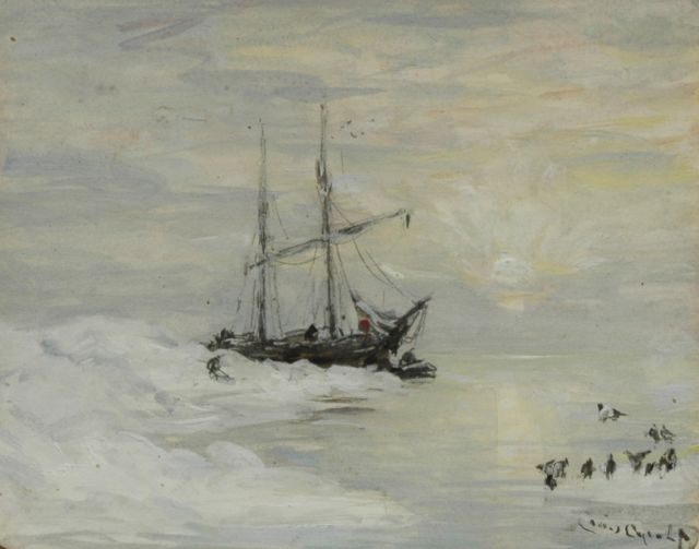 Louis Apol | De poolschoener Willem Barents op Spitsbergen, bij zonsondergang, potlood en gouache op papier, 10,3 x 12,8 cm, gesigneerd r.o.