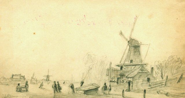 Anthony Andreas de Meijier | Winters ijsvermaak bij de molen, potlood op papier, 20,0 x 32,3 cm