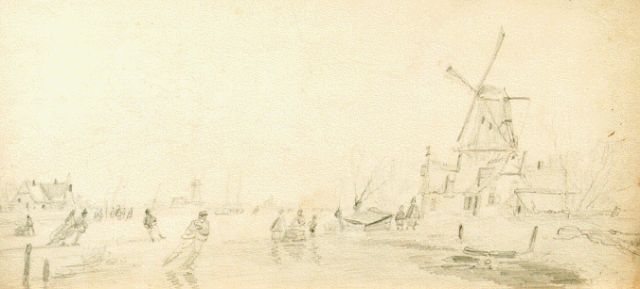 Anthony Andreas de Meijier | IJsvermaak bij de molen, potlood op papier, 15,5 x 32,5 cm