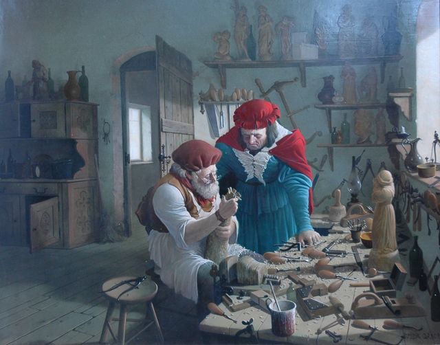Vida Gábor | De houtsnijders, olieverf op paneel, 39,0 x 49,0 cm, gesigneerd r.o.