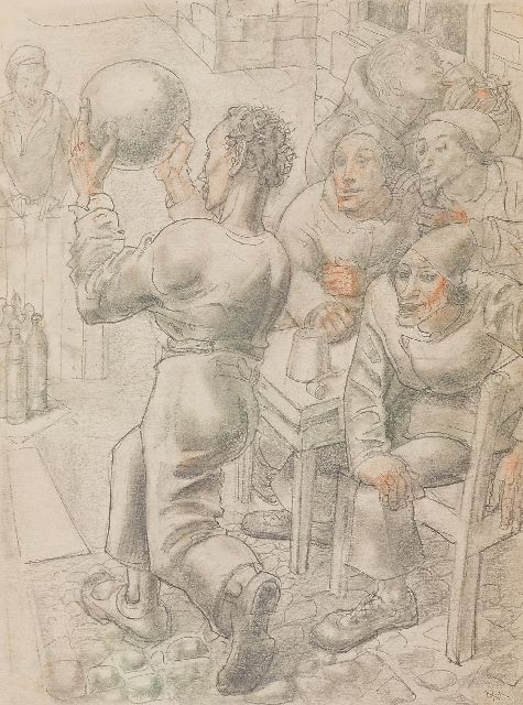 Konijnenburg W.A. van | Bowlen, potlood en gekleurd krijt op papier 36,0 x 26,7 cm, gesigneerd r.o. met initialen