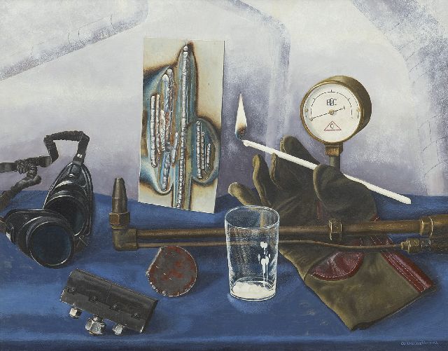 Kor Postma | Stilleven met lasattributen, olieverf op papier, 38,0 x 47,9 cm, gesigneerd r.o. en te dateren ca. 1956