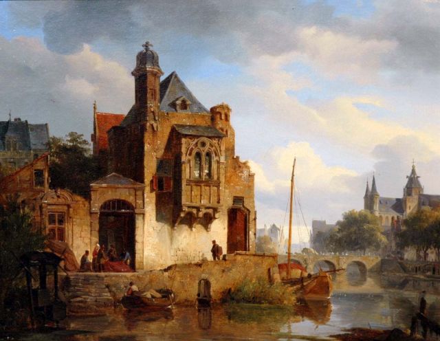 Cornelis Springer | Bedrijvigheid in de stad Koblenz, olieverf op doek, 35,8 x 45,7 cm, gesigneerd r.o. met monogram en gedateerd '42