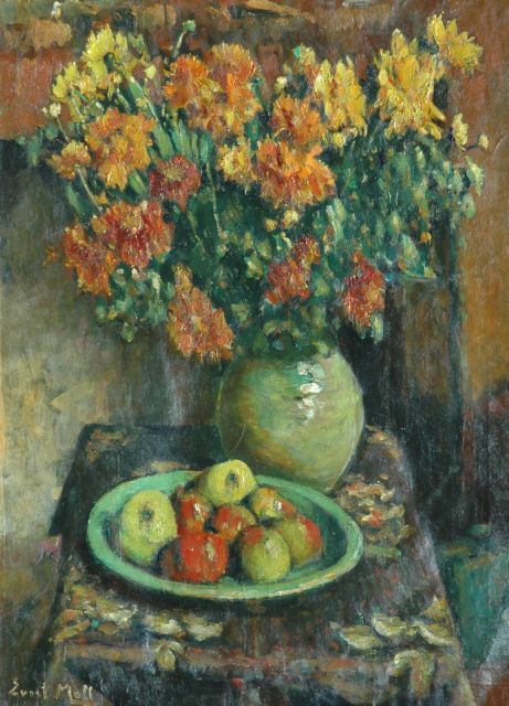 Evert Moll | Stilleven met bloemen en fruitschaal, olieverf op doek, 80,0 x 60,0 cm, gesigneerd l.o.
