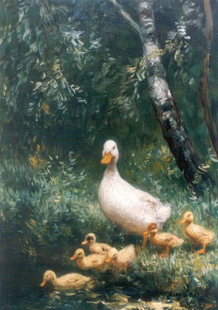 Constant Artz | Eendenfamilie aan de waterkant, olieverf op paneel, 18,1 x 13,1 cm, gesigneerd r.o.