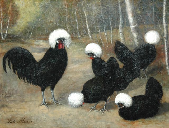 Frits Maris | Hollandse Kuifhoenders: zwarte witkuiven, olieverf op doek, 29,3 x 38,2 cm, gesigneerd l.o.