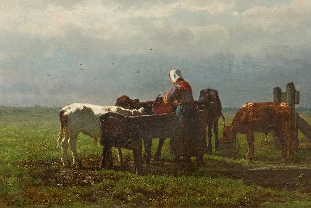 Jan de Haas | Kalveren voeren, olieverf op paneel, 22,7 x 33,0 cm, gesigneerd l.o. en gedateerd '63