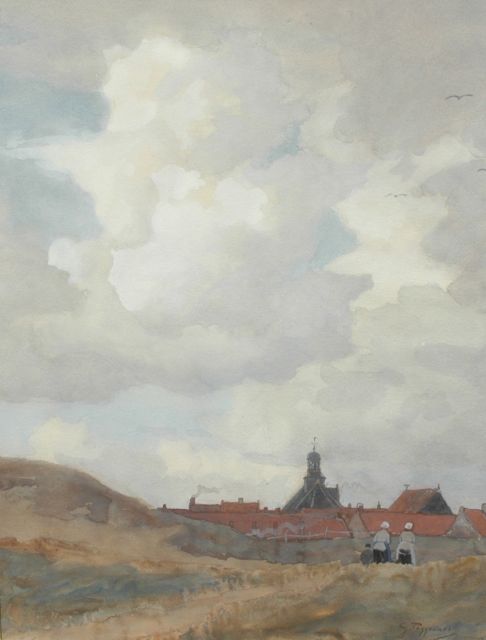 Geo Poggenbeek | Duinen bij Noordwijk aan Zee met huiswaarts kerende vissersvrouwen, aquarel op papier, 63,7 x 47,9 cm, gesigneerd r.o.