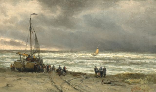 George Lourens Kiers | Vissersvolk bij afgemeerde bomschuit, olieverf op doek, 38,3 x 64,2 cm, gesigneerd r.o. en gedateerd 1909