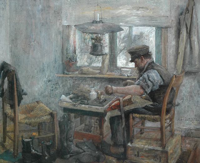 Adriaan de la Rivière | De schoenmaker, olieverf op doek, 49,3 x 60,2 cm, gesigneerd r.m. en verso