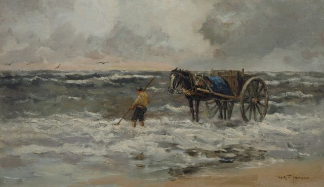 Willem George Frederik Jansen | Schelpenvisser in de branding, olieverf op doek, 58,8 x 100,1 cm, gesigneerd r.o.