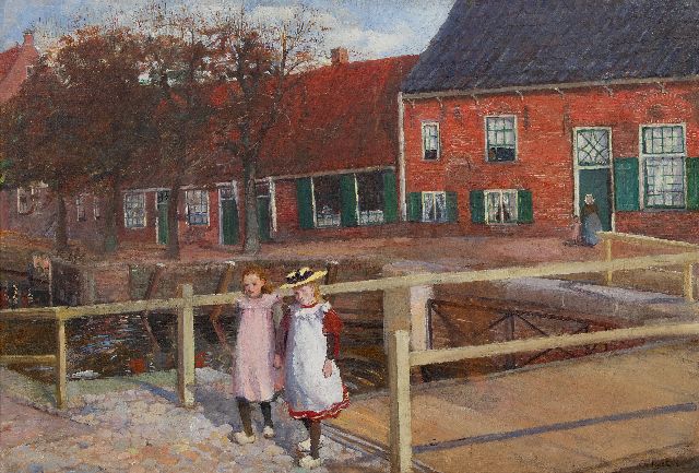 Jo Koster | Twee meisjes bij de stadsgracht in Hasselt, olieverf op doek, 49,3 x 72,1 cm, gesigneerd r.o. en te dateren ca. 1901