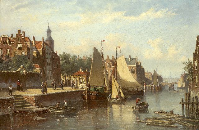 Johannes Frederik Hulk | Afgemeerde tjalken in een Hollandse stad, olieverf op doek, 60,3 x 89,6 cm, gesigneerd l.o.