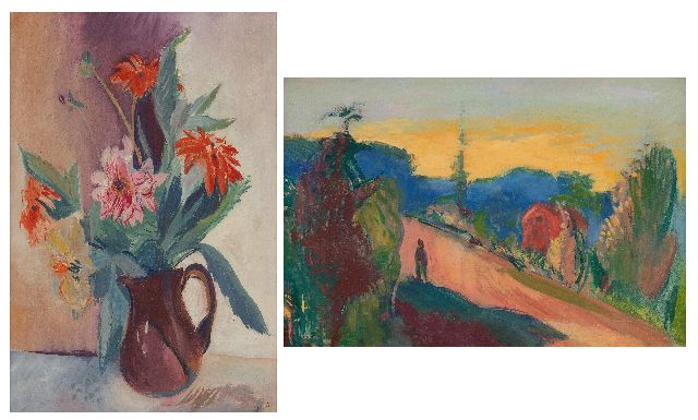 Jan Wiegers | Zwitsers landschap; verso: Bloemstilleven, olieverf op doek, 40,4 x 60,3 cm, gesigneerd verso met initialen en te dateren eind jaren 20