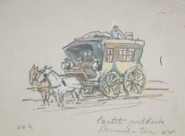 Arnold Koning | De laatste postkoets Barneveld - Ede, gekleurd krijt op papier, 16,3 x 22,3 cm, gesigneerd l.o. met initialen