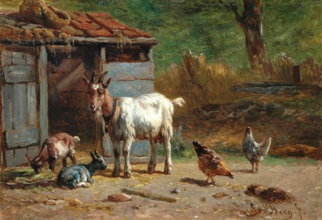 Simon van den Berg | Geiten en kippen op boerenerf, olieverf op paneel, 17,3 x 25,0 cm, gesigneerd r.o.