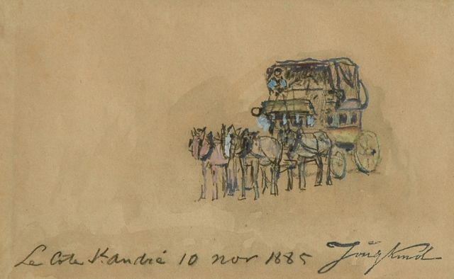 Johan Barthold Jongkind | De postkoets, La Côte-Saint-André, zwart krijt en aquarel op papier, 11,6 x 17,7 cm, gesigneerd r.o. met naamstempel en gedateerd 'La Côte St. André 10 nov 1885'